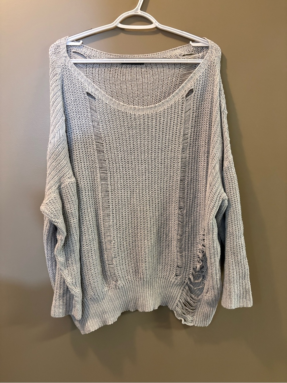 Women's Light Gray Distressed Scoop Neck Knit Sweater
